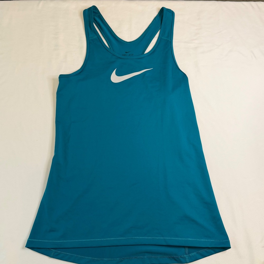Nike Dri-FIT Women Racerback Tank Top Teal Blue Swoosh Athletic Gym Shirt Large